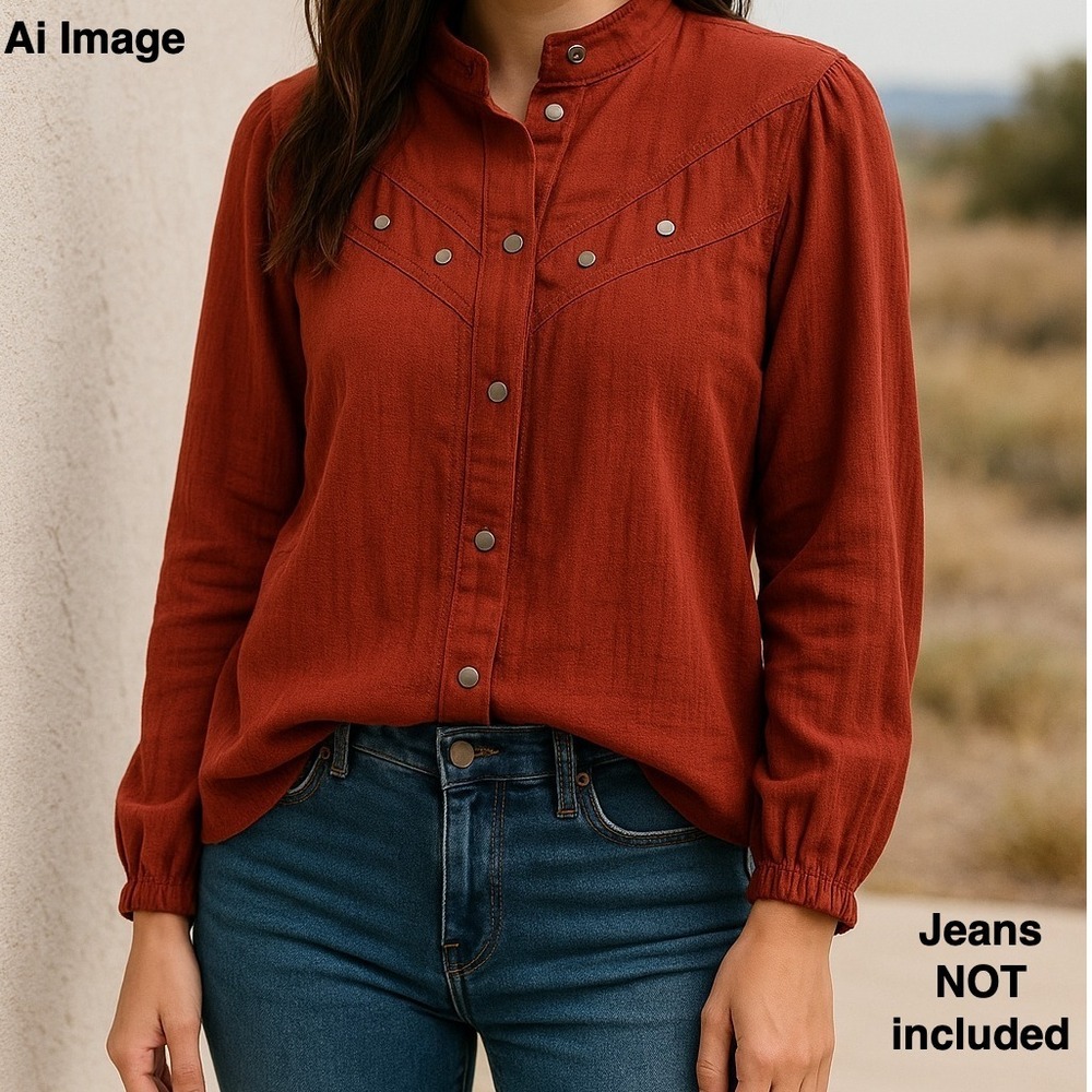 Rust Red Textured Button Front Blouse Womens M. Western Snap Minimalist‎ Boho